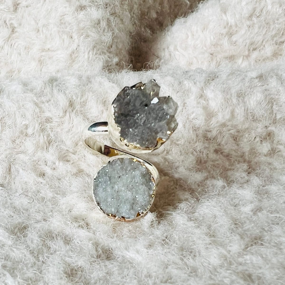 Inel reglabil agat druzy Circles placat cu argint din Brazilia model 2