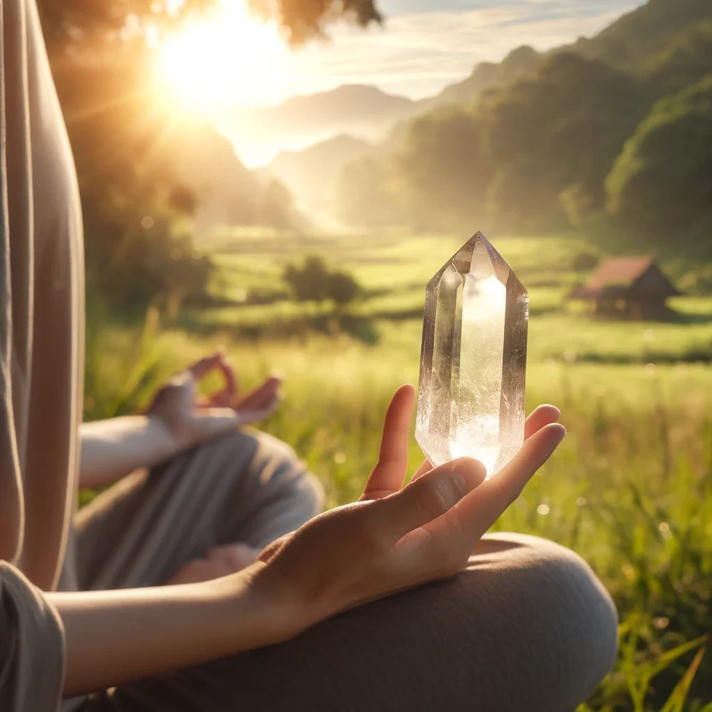 he person meditating, holding only the clear quartz crystal in hand, surrounded by a peaceful natural setting. The scene captures the essence of tranquility, focus, and positive energy essential for the process of manifestation.