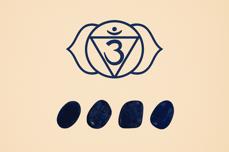 desen al semnului ce reprezinta chakra fruntii de culoare mov si 4 cristale lapis 
