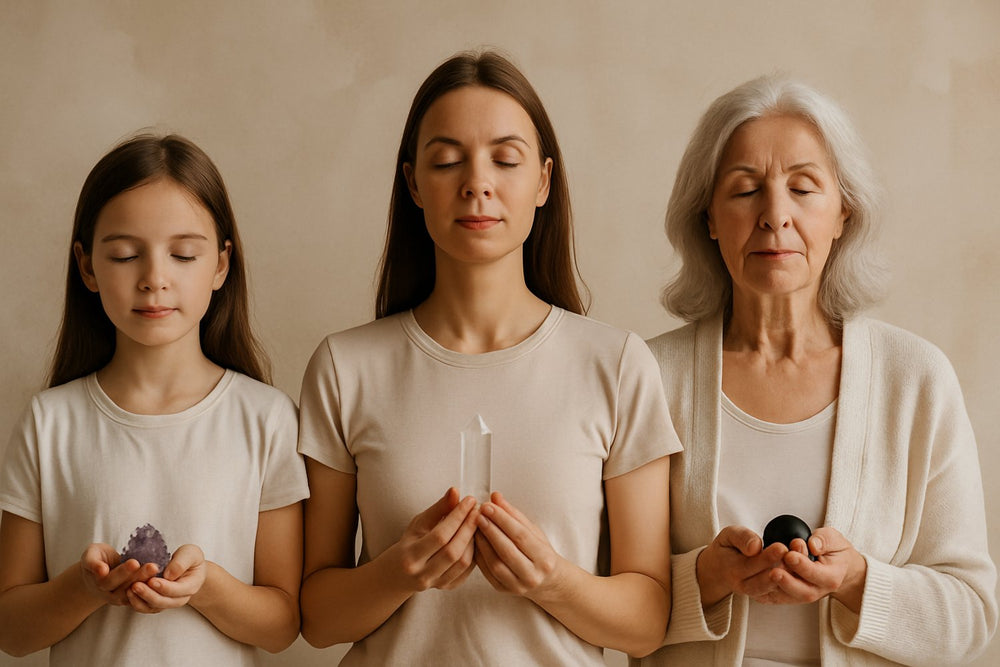 trei femei de varste diferite care tin in mana un cristal transpartent, practicand meditatie cu ochi inchisi
