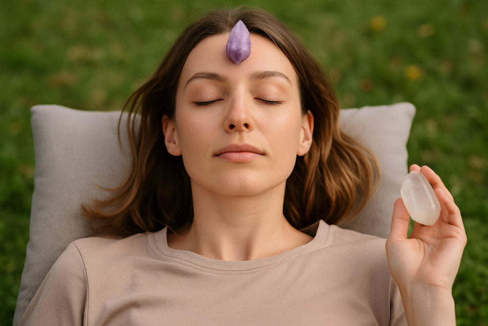 O FEMEIE TANARA MEDITAND AVAND PE FRUNTE UN CRISTAL DE AMETIST SI IN MANA TINE UN CUART INCOLOR