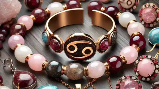 BIJUTERI PIETRE SEMIPRETIOASE SI O BRATARA DIN METAL CU SEMNEUL ZODIE RAC