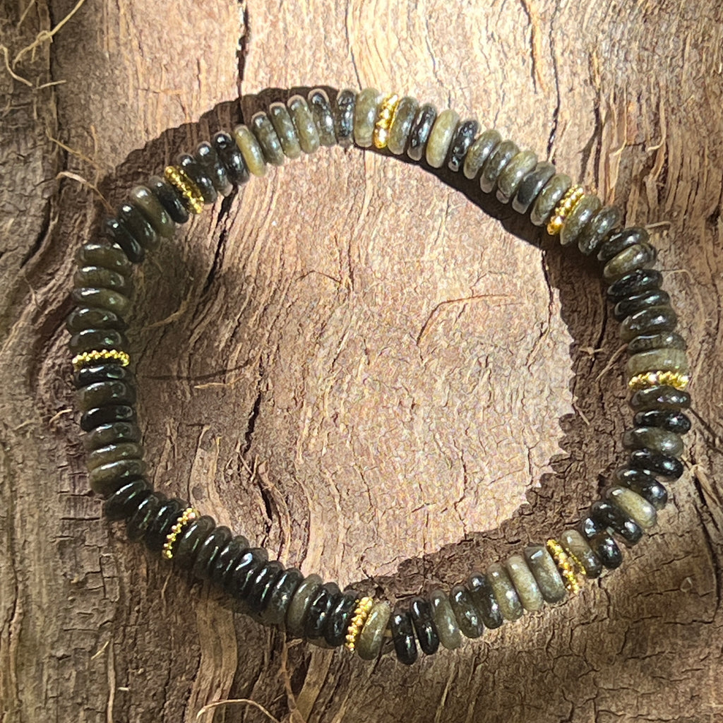 Bratara discuri obsidian auriu si insertii aurii – 6x2 mm, pietre semipretioase - druzy.ro 1 