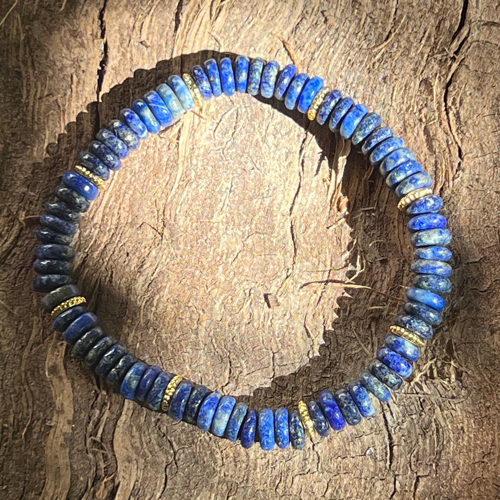 Bratara discuri lapis lazuli si insertii aurii – 6x2 mm, pietre semipretioase - druzy.ro 1 